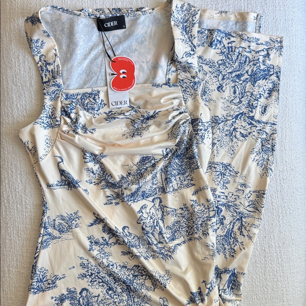 Cider Cream Dress with Blue Pattern